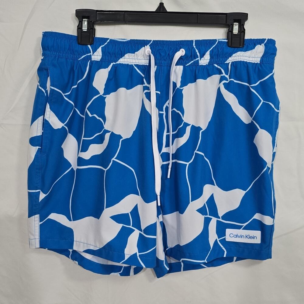 Calvin Klein Men's Lg Swim Shorts Abstract Blue White Elastic Waist Pockets